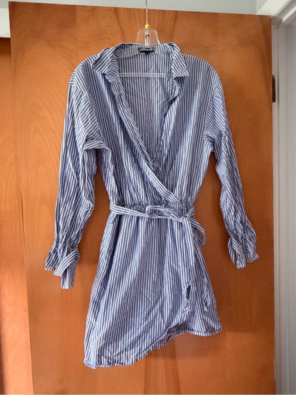 Express Blue & White Striped Mini Wrap Dress